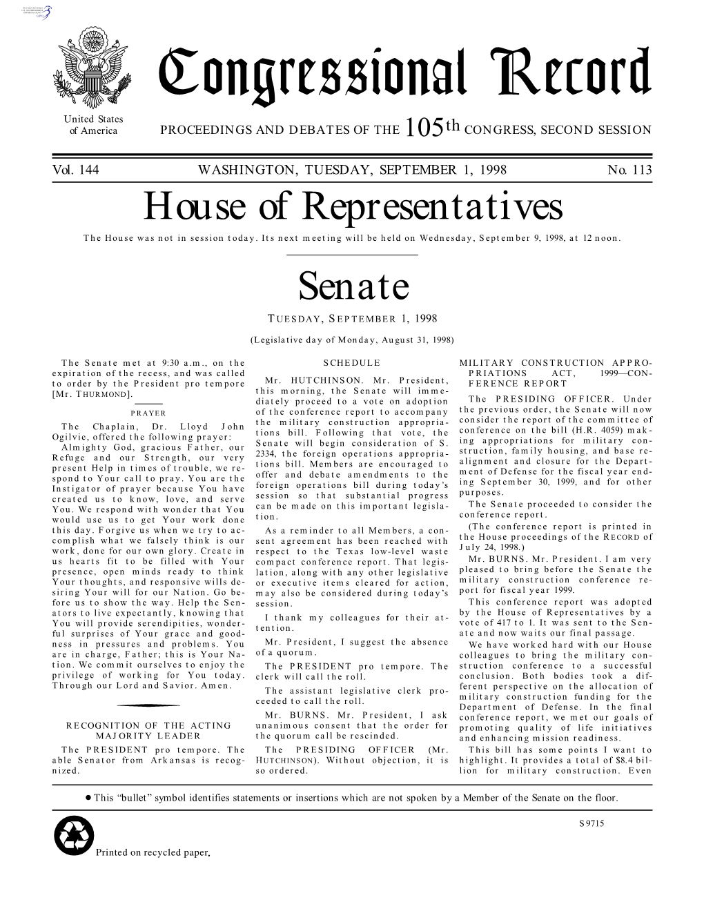 Congressional Record United States of America PROCEEDINGS and DEBATES of the 105Th CONGRESS, SECOND SESSION