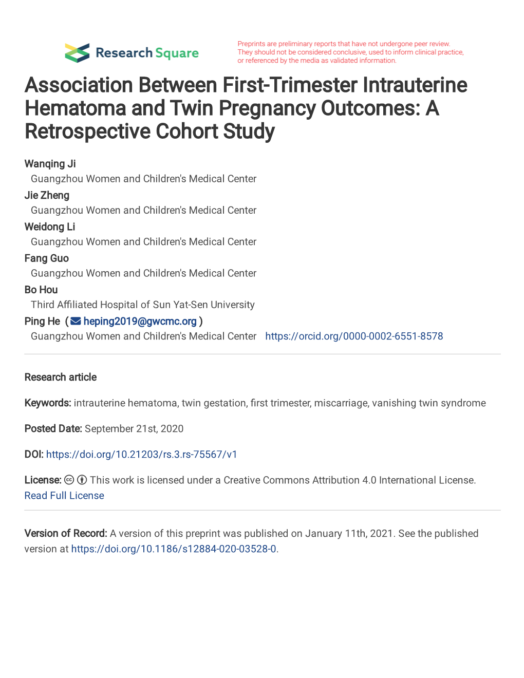 Association Between First-Trimester Intrauterine Hematoma and Twin Pregnancy Outcomes: a Retrospective Cohort Study