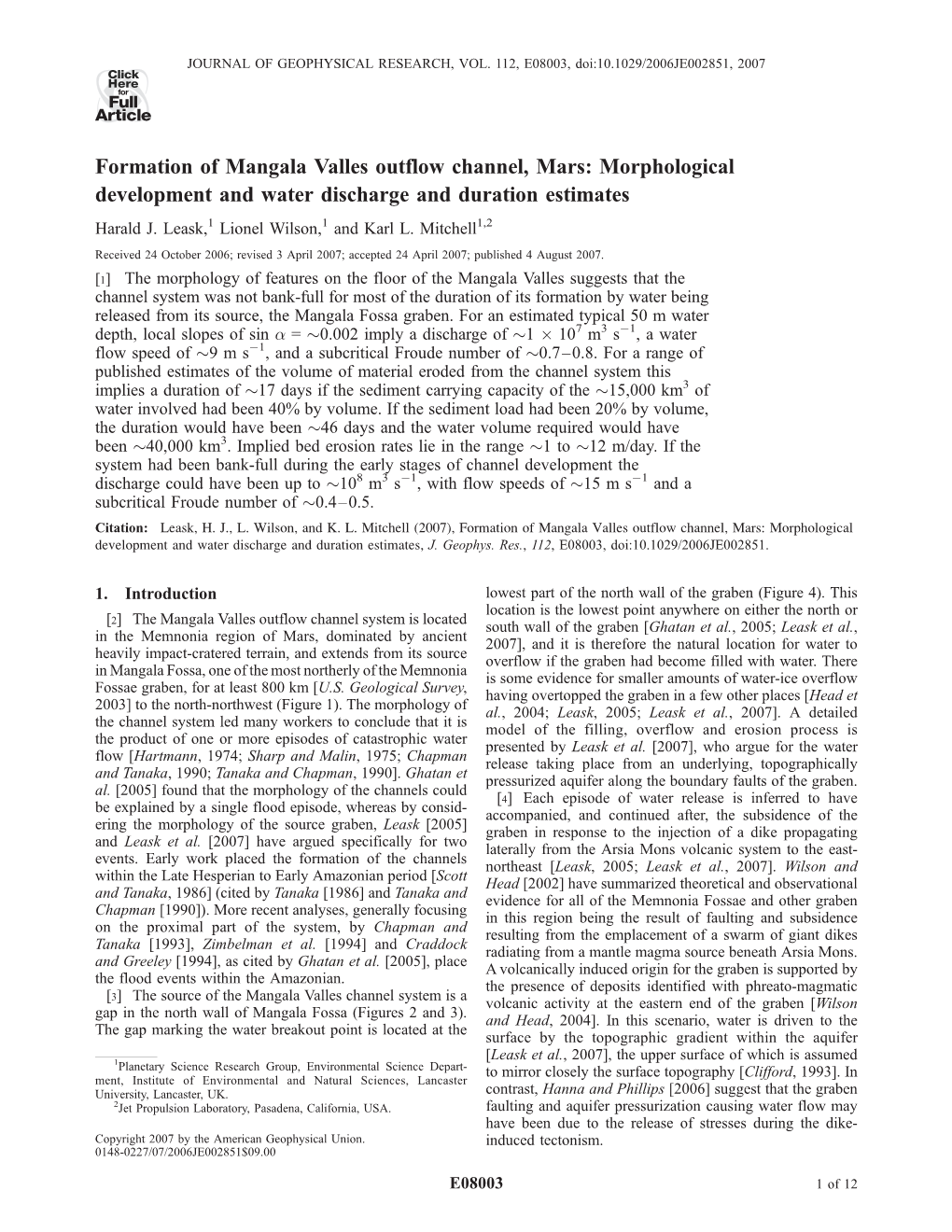 Formation of Mangala Valles Outflow Channel, Mars: Morphological Development and Water Discharge and Duration Estimates Harald J