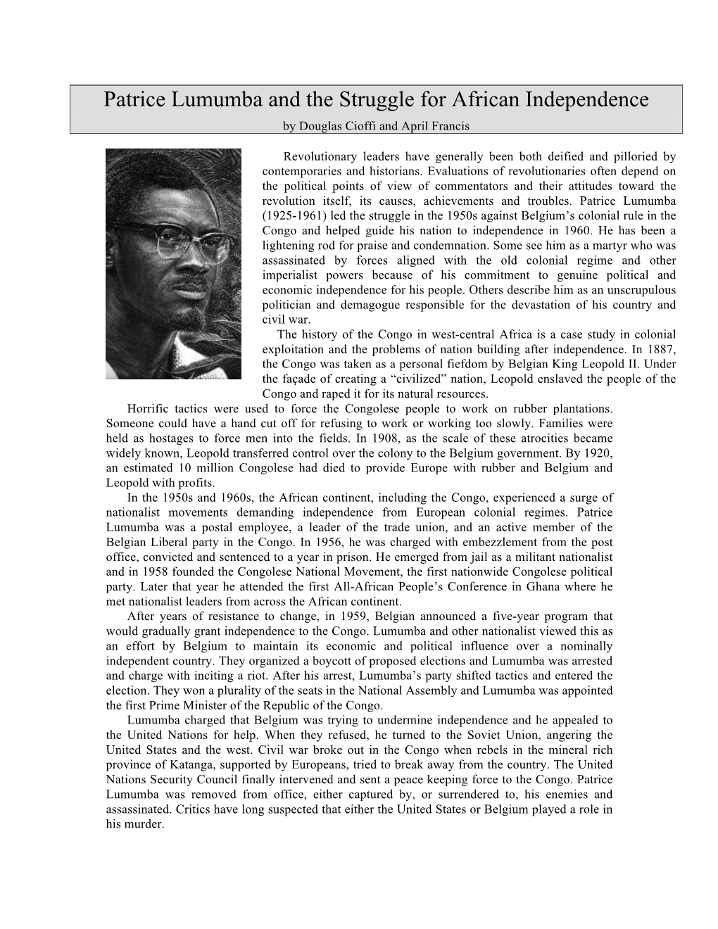Patrice Lumumba and the Struggle for African Independence by Douglas Cioffi and April Francis