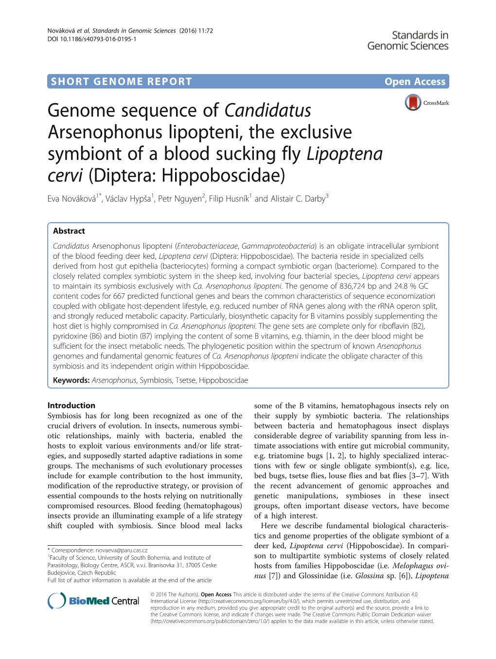 Genome Sequence of Candidatus Arsenophonus Lipopteni, the Exclusive Symbiont of a Blood Sucking Fly Lipoptena Cervi (Diptera: Hi