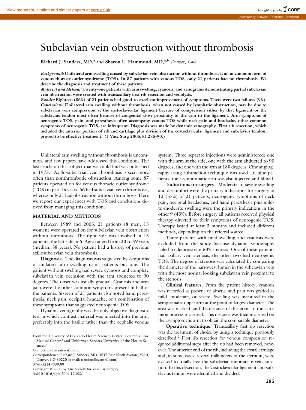 Subclavian Vein Obstruction Without Thrombosis