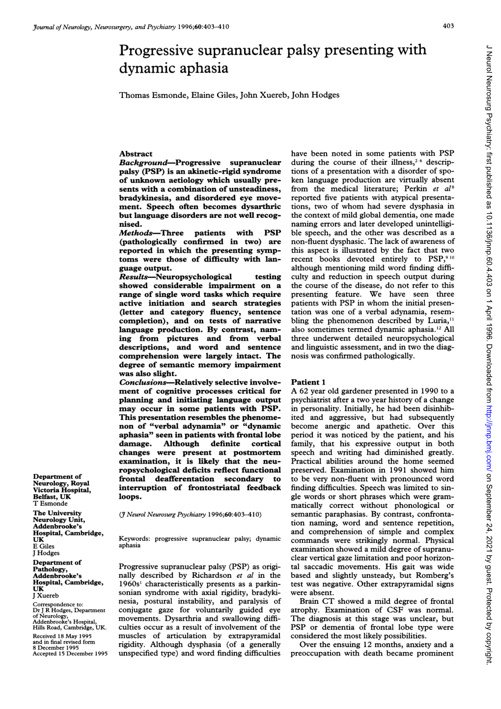 Progressive Supranuclear Palsy Presenting with Dynamic Aphasia 407