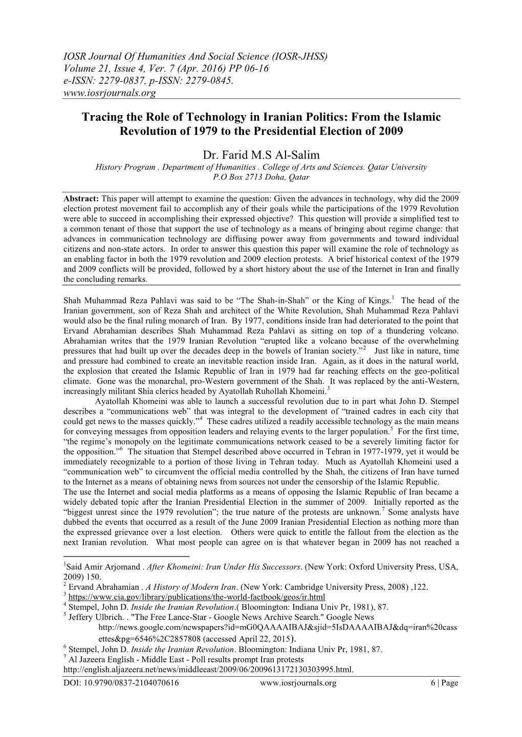 Tracing the Role of Technology in Iranian Politics: from the Islamic Revolution of 1979 to the Presidential Election of 2009