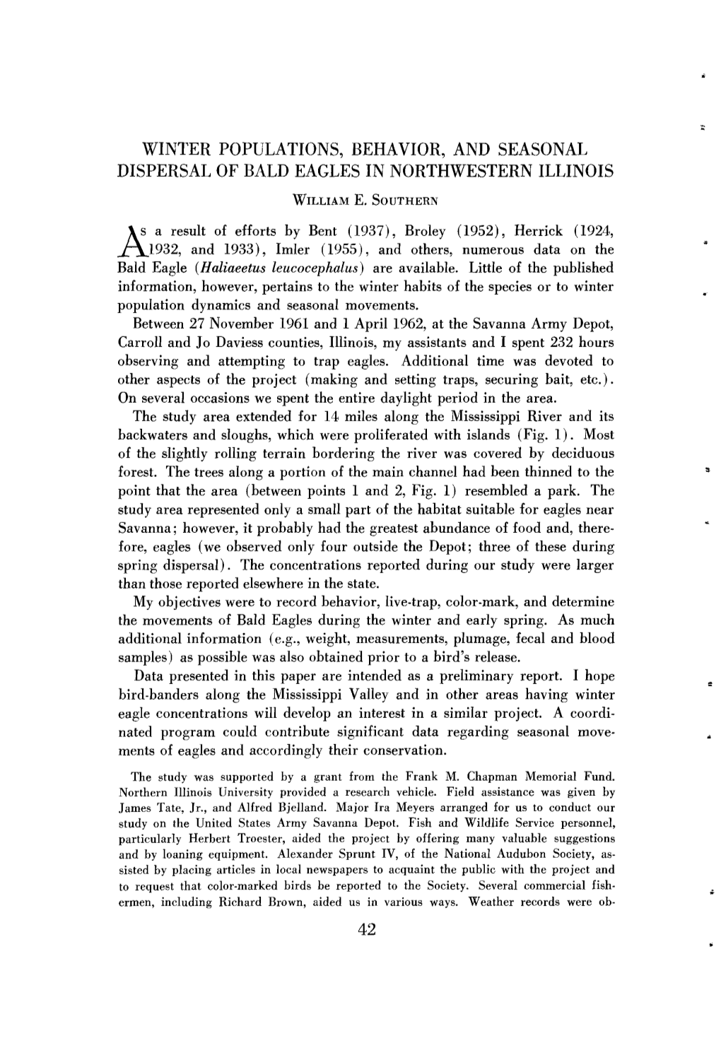 Winter Populations, Behavior, and Seasonal Dispersal of Bald Eagles in Northwestern Illinois