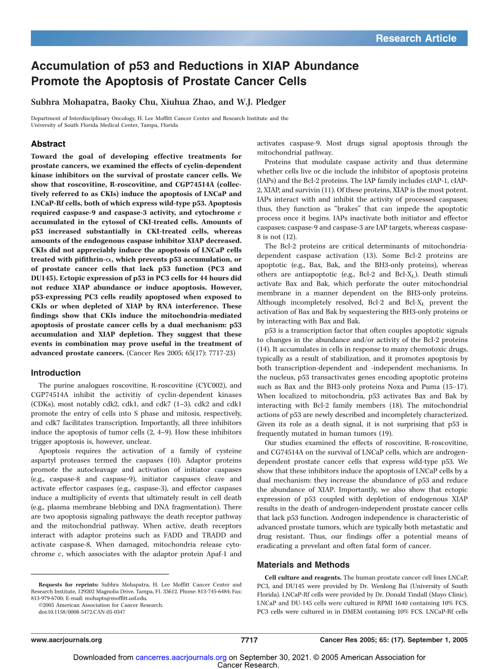 Accumulation of P53 and Reductions in XIAP Abundance Promote the Apoptosis of Prostate Cancer Cells