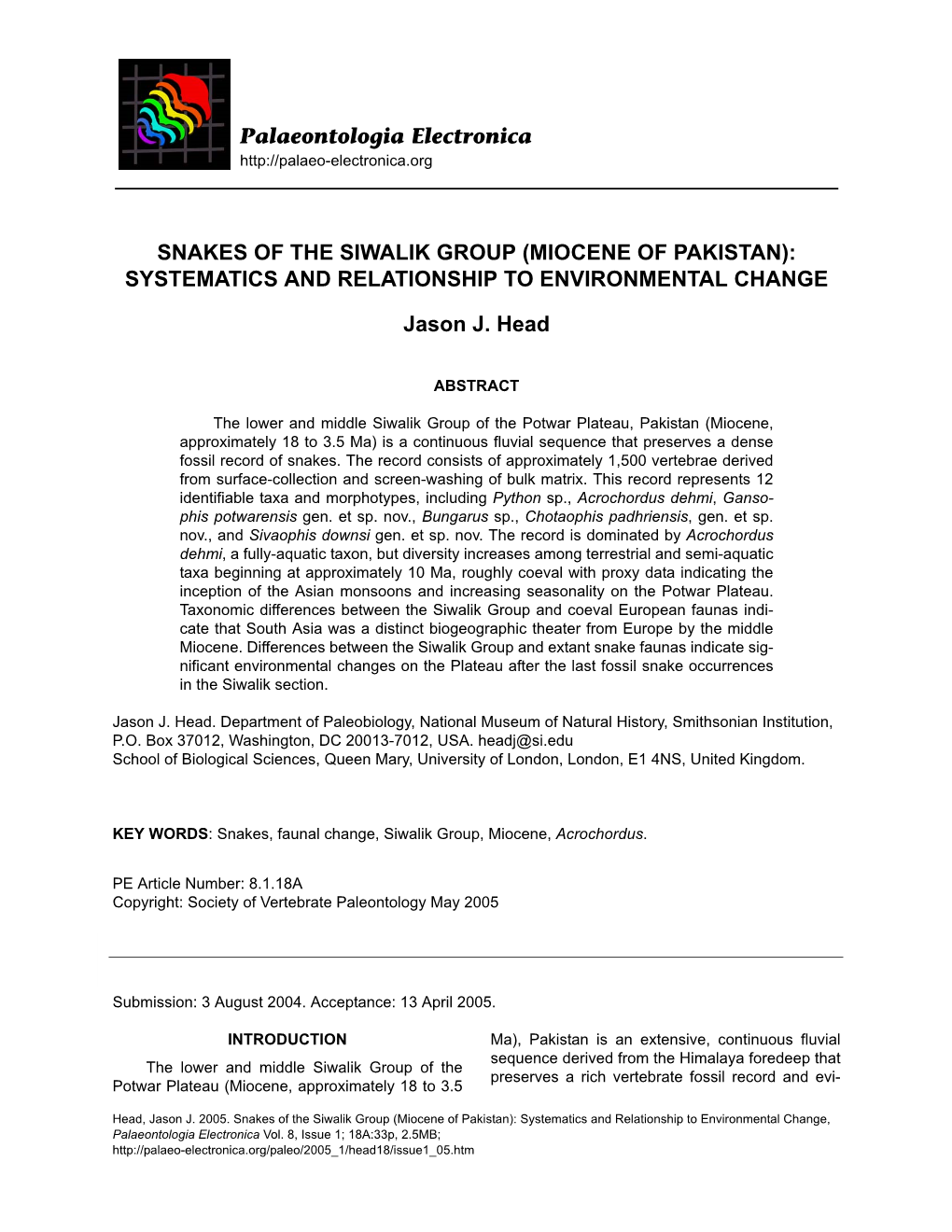 Snakes of the Siwalik Group (Miocene of Pakistan): Systematics and Relationship to Environmental Change