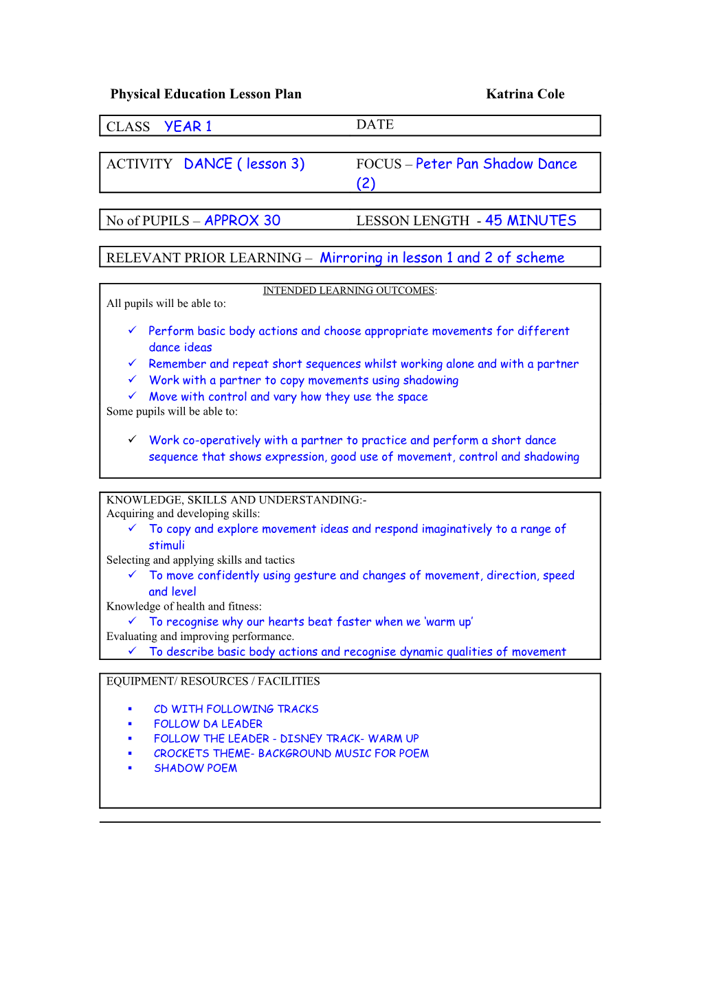 Physical Education Lesson Plan s2