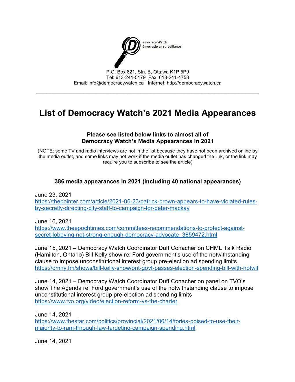 List of Democracy Watch's 2021 Media Appearances