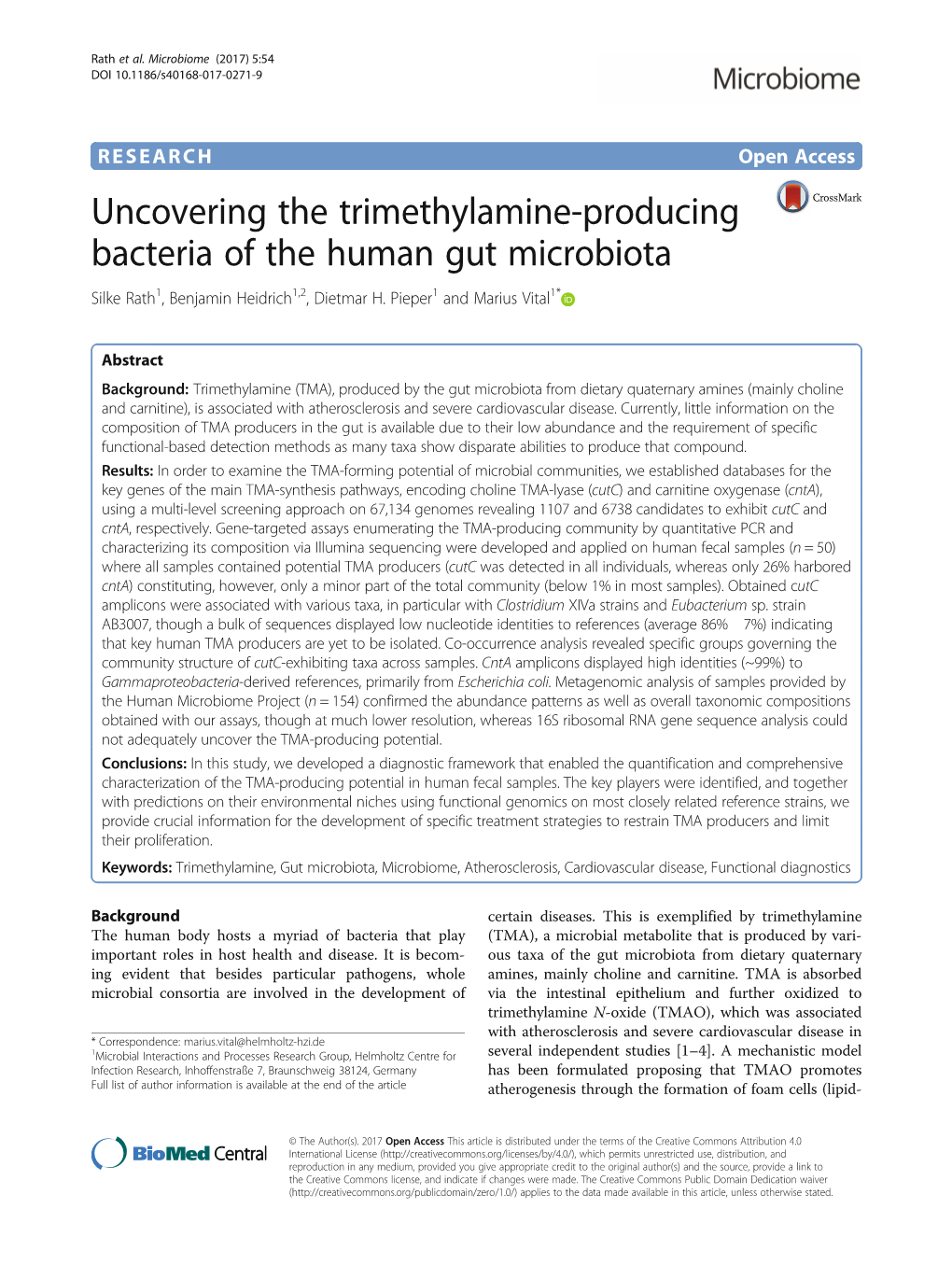 Uncovering the Trimethylamine-Producing Bacteria of the Human Gut Microbiota Silke Rath1, Benjamin Heidrich1,2, Dietmar H