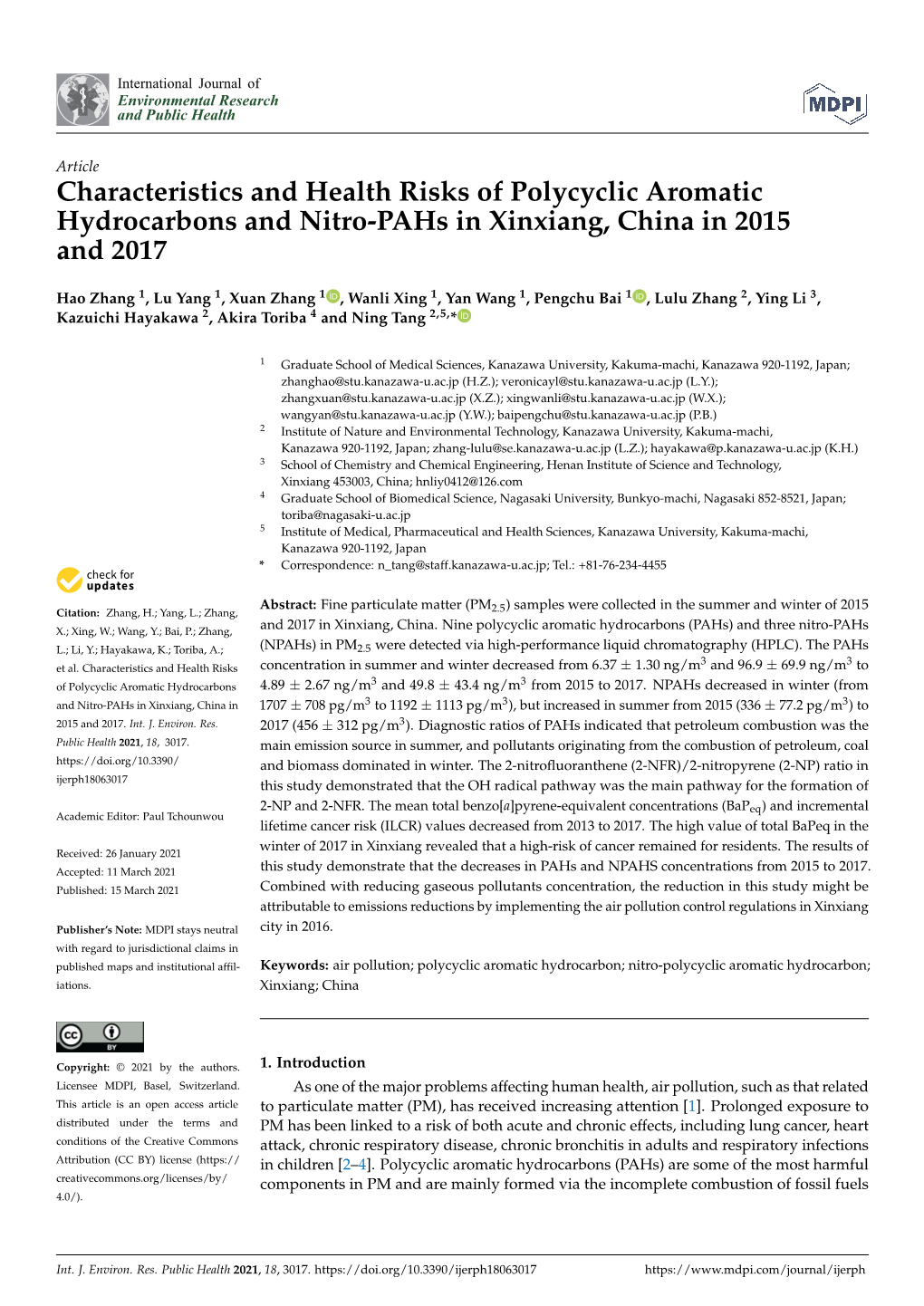 Characteristics and Health Risks of Polycyclic Aromatic Hydrocarbons and Nitro-Pahs in Xinxiang, China in 2015 and 2017