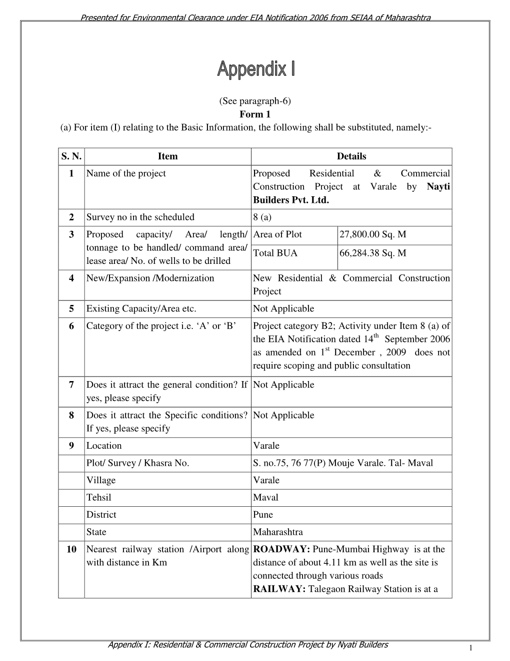 Form 1 (A) for Item (I) Relating to the Basic Information, the Following Shall Be Substituted, Namely