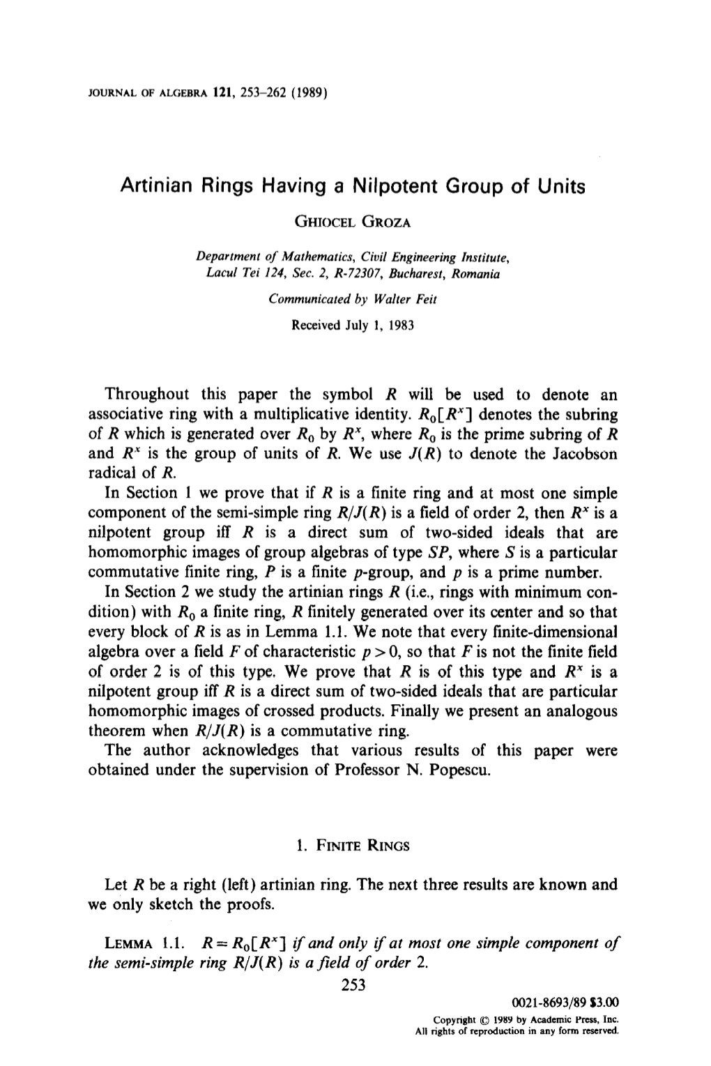 Artinian Rings Having a Nilpotent Group of Units