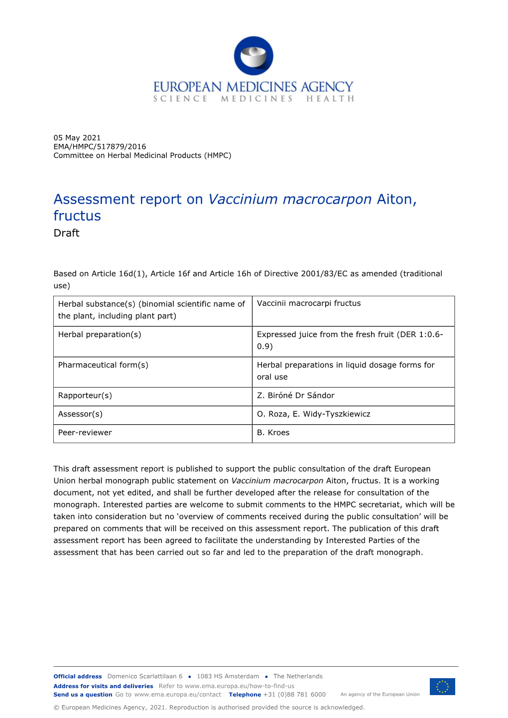 Draft Assessment Report on Vaccinium Macrocarpon Aiton, Fructus