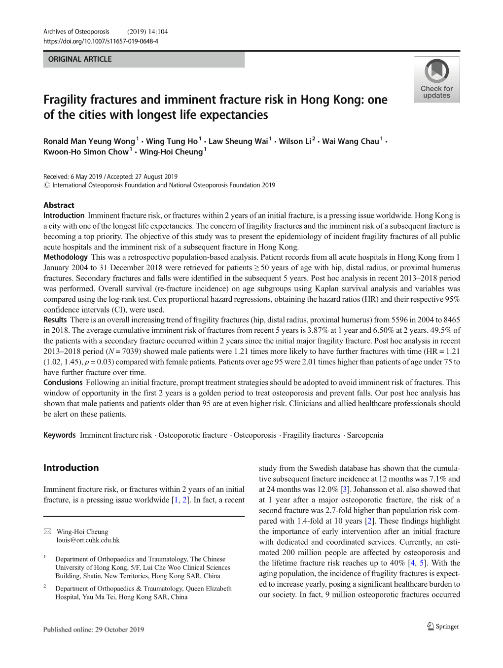 Fragility Fractures and Imminent Fracture Risk in Hong Kong: One of the Cities with Longest Life Expectancies