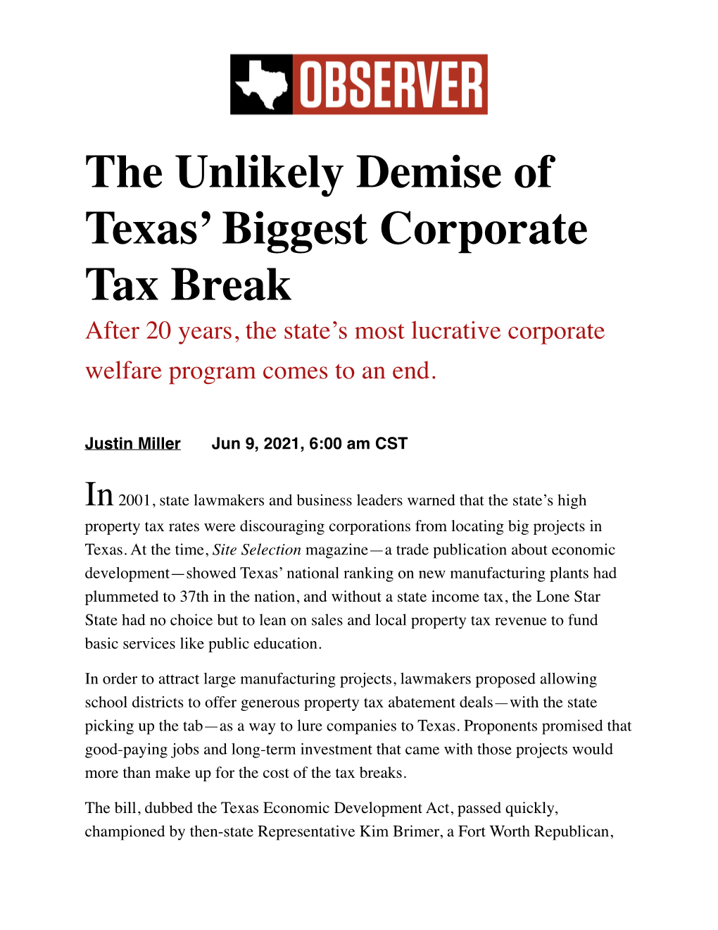 The Unlikely Demise of Texas' Biggest Corporate Tax Break