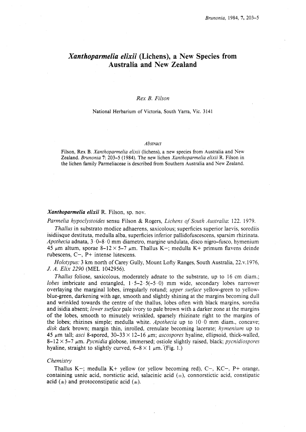 Xanthoparmelia Elixii (Lichens), a New Species from Australia and New Zealand