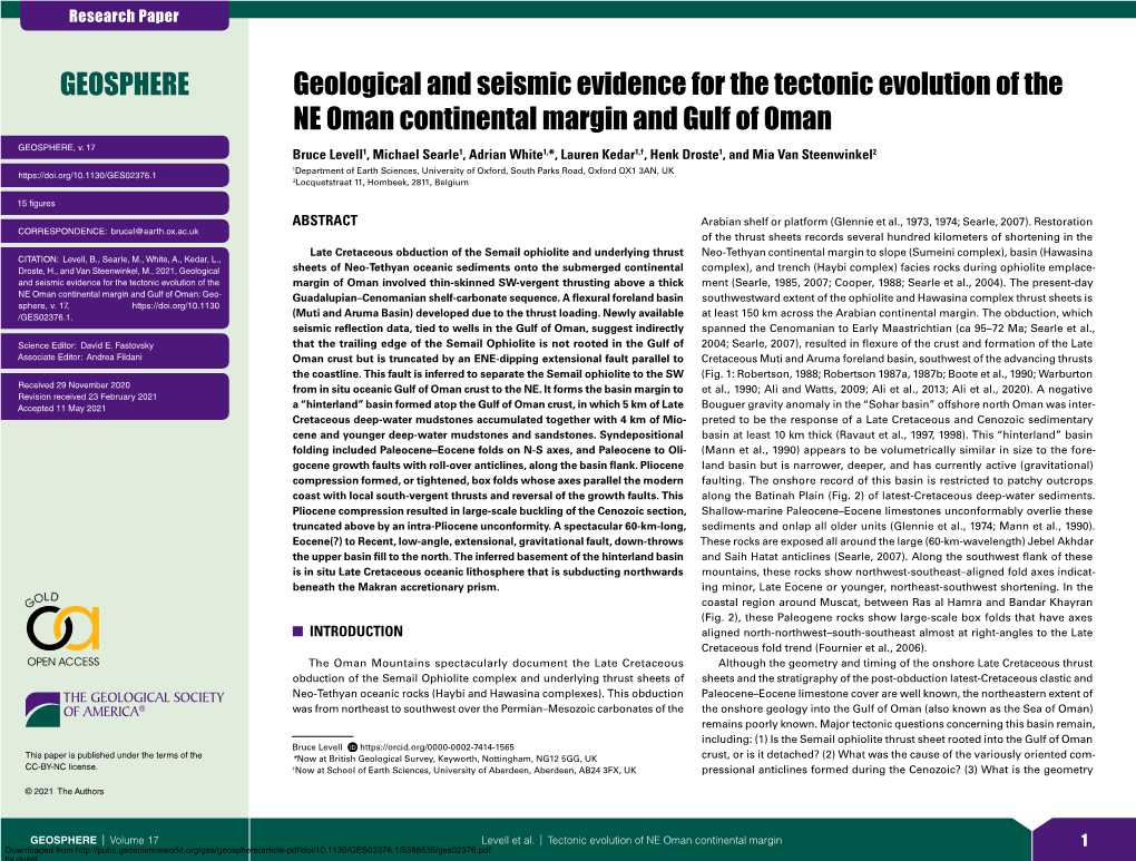 Geological and Seismic Evidence for the Tectonic Evolution of the NE Oman Continental Margin and Gulf of Oman GEOSPHERE, V