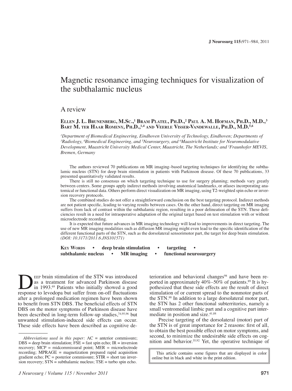 Magnetic Resonance Imaging Techniques for Visualization of the Subthalamic Nucleus