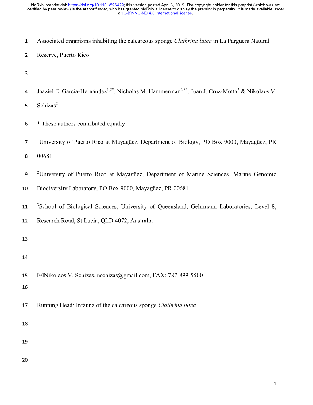 Associated Organisms Inhabiting the Calcareous Sponge Clathrina Lutea in La Parguera Natural