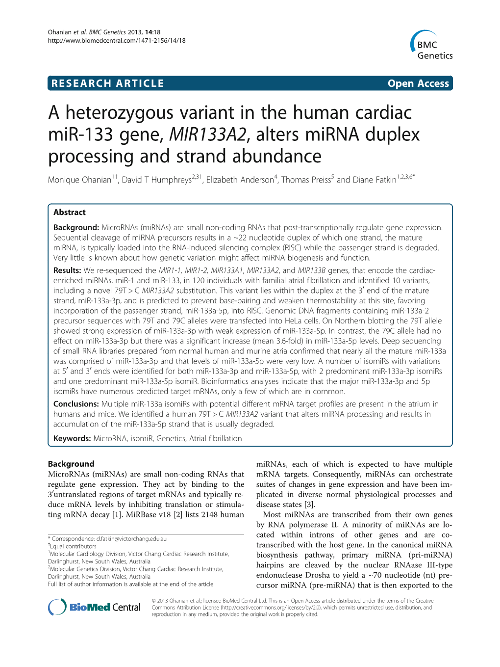 A Heterozygous Variant in the Human Cardiac Mir-133 Gene, MIR133A2, Alters Mirna Duplex Processing and Strand Abundance