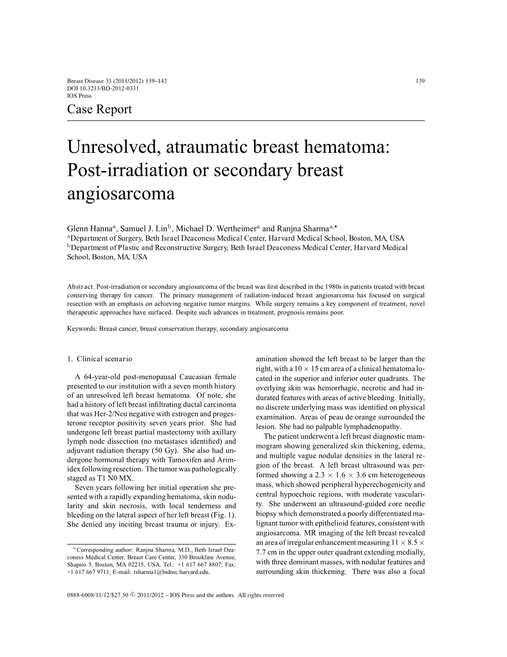 Unresolved, Atraumatic Breast Hematoma: Post-Irradiation Or Secondary Breast Angiosarcoma