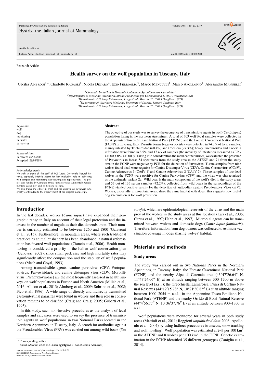 Health Survey on the Wolf Population in Tuscany, Italy