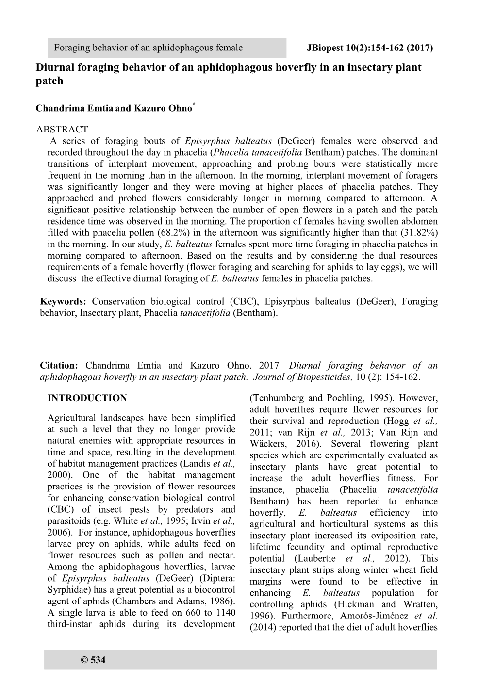 Diurnal Foraging Behavior of an Aphidophagous Hoverfly in an Insectary Plant Patch