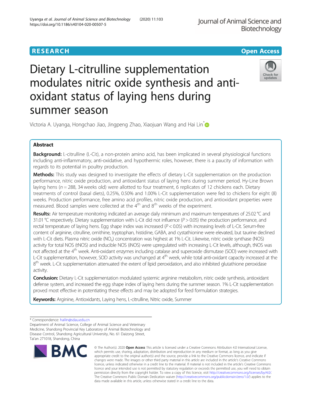 Dietary L-Citrulline Supplementation Modulates Nitric Oxide Synthesis and Anti-Oxidant Status of Laying Hens During Summer Seaso