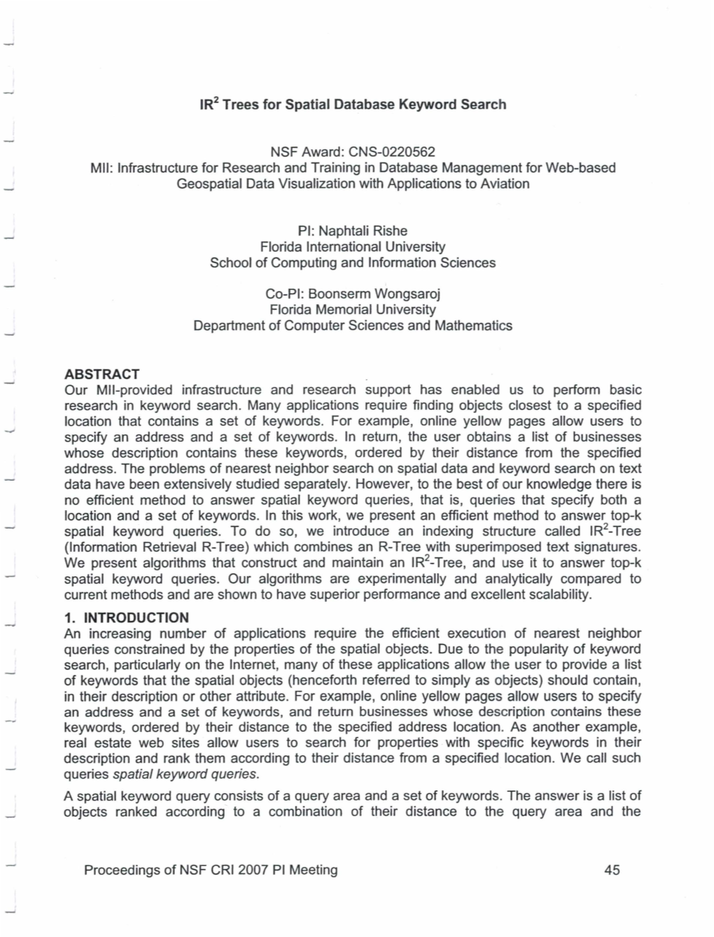 IR2 Trees for Spatial Database Keyword Search NSF Award