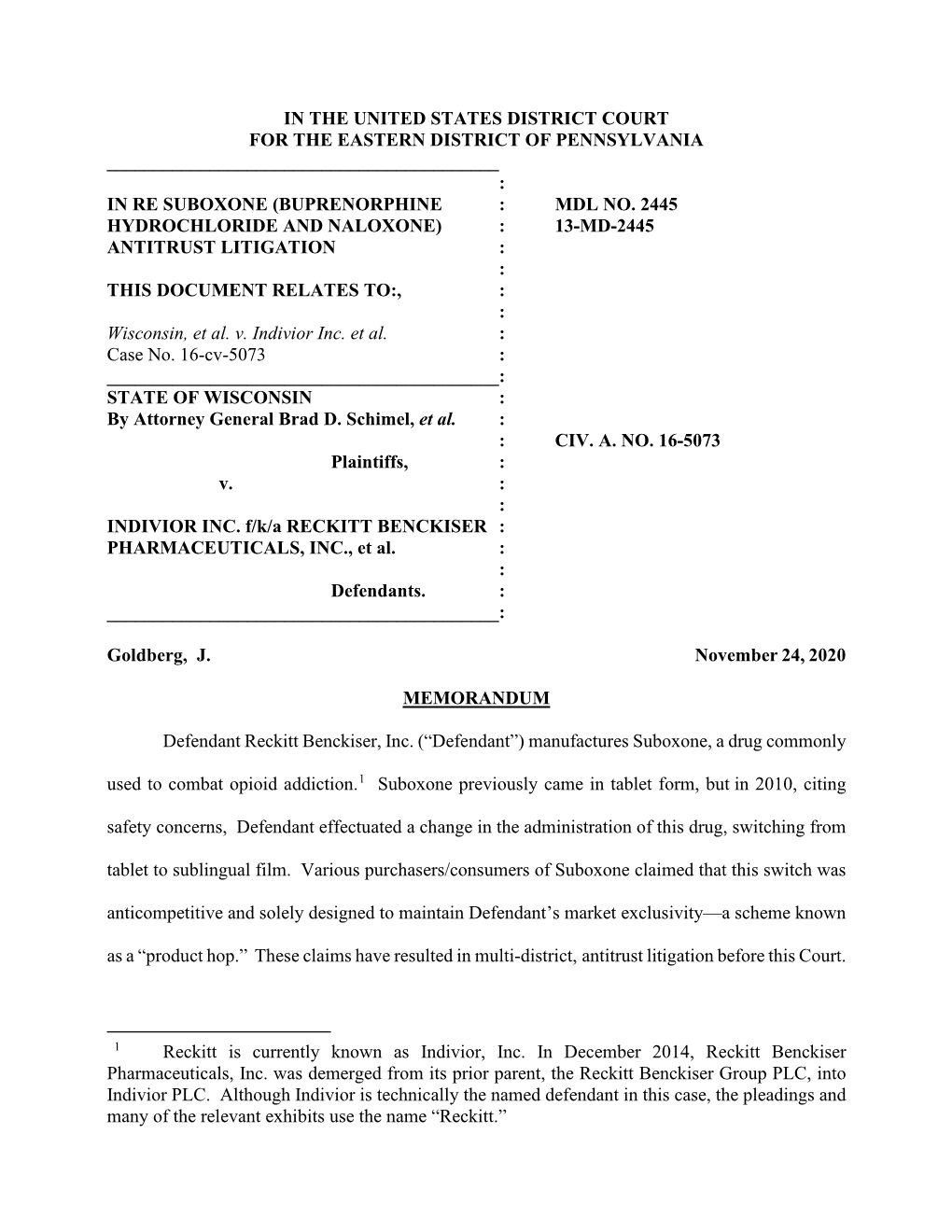 In the United States District Court for the Eastern District of Pennsylvania ______: in Re Suboxone (Buprenorphine : Mdl No