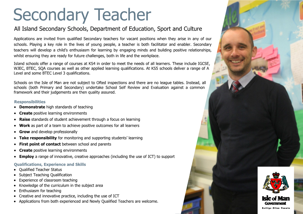 Secondary Teacher All Island Secondary Schools, Department of Education, Sport and Culture
