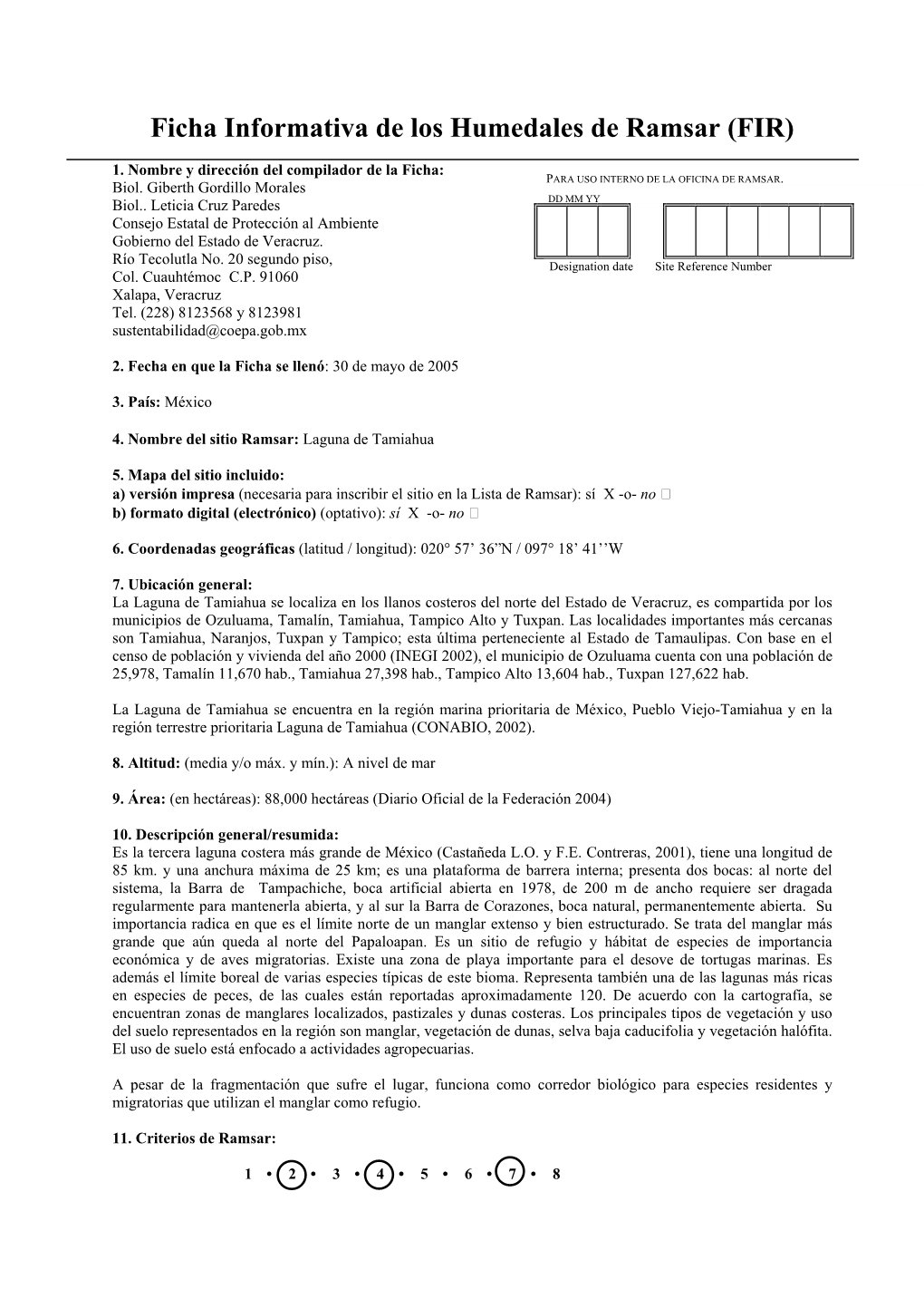 Ficha Informativa De Los Humedales De Ramsar (FIR)