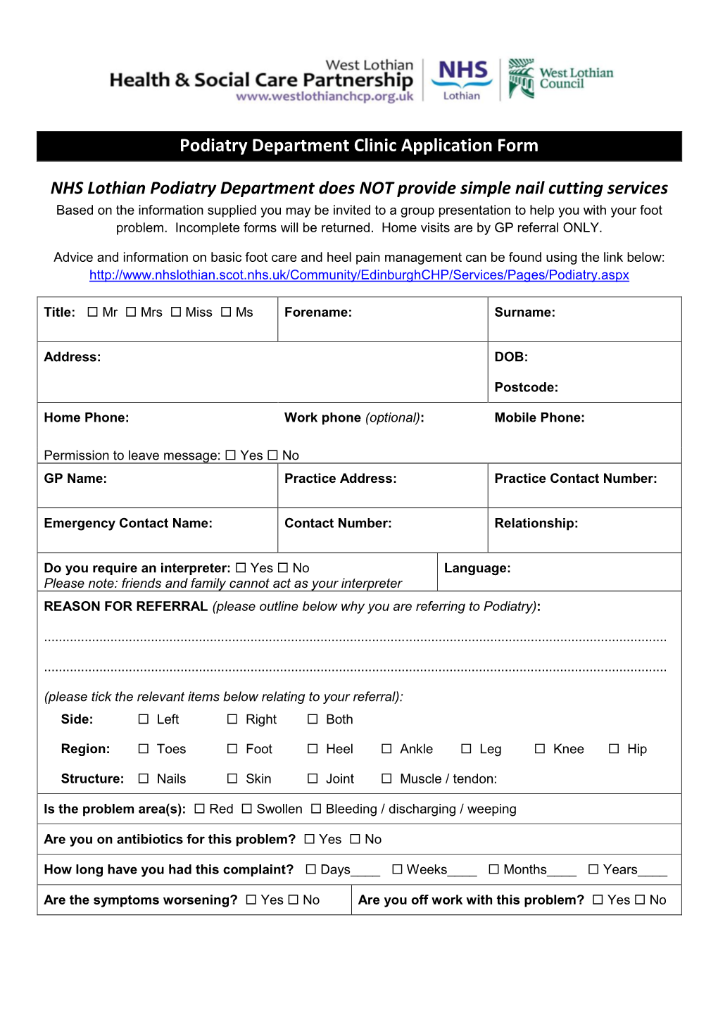 Podiatry Department Clinic Application Form NHS Lothian