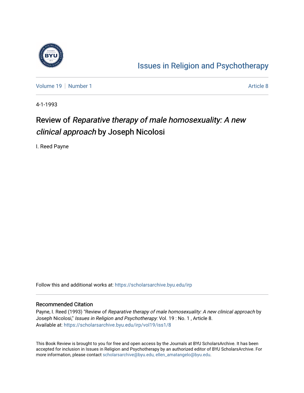 Review of Reparative Therapy of Male Homosexuality: a New Clinical Approach by Joseph Nicolosi