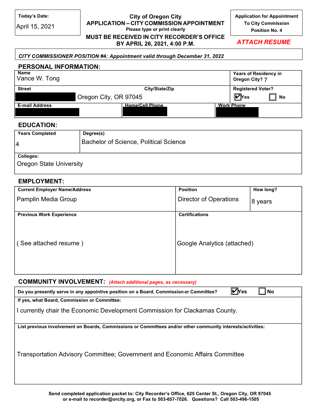 ATTACH RESUME PERSONAL INFORMATION: Vance W. Tong