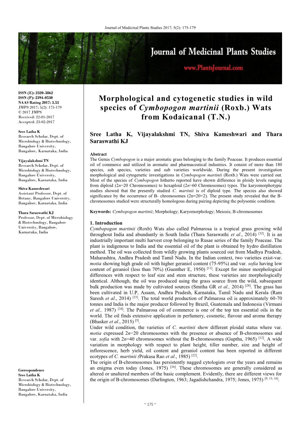 Morphological and Cytogenetic Studies in Wild Species of Cymbopogon