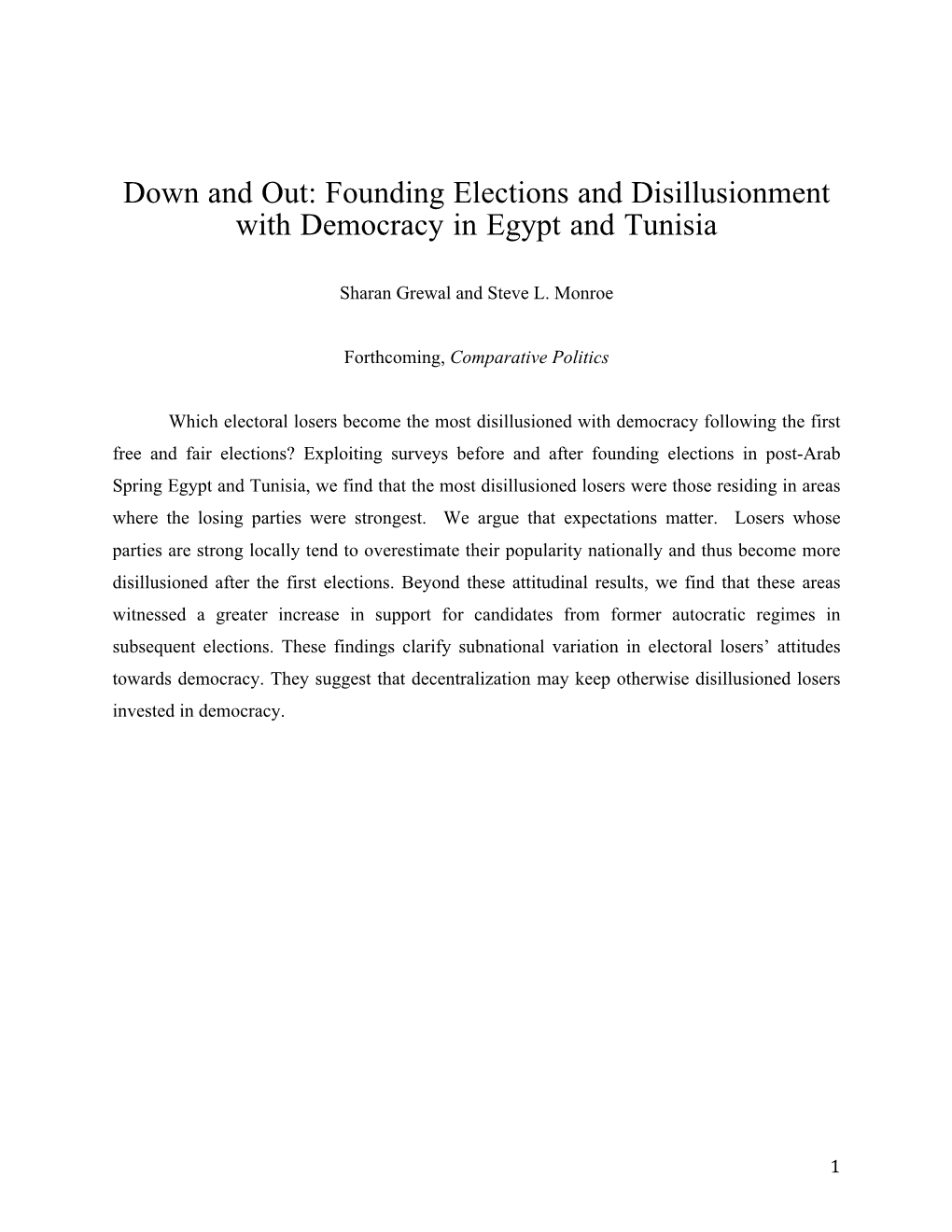 Down and Out: Founding Elections and Disillusionment with Democracy in Egypt and Tunisia