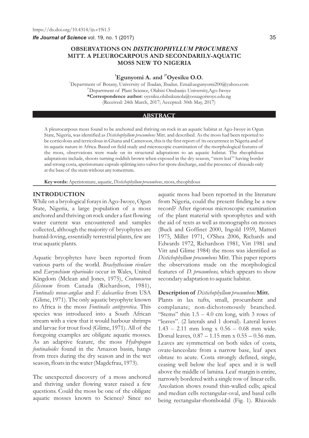 Egunyomi and Oyesiku: Observations on Distichophyllum Procumbens Occurring Scanty Only at the Base of the Stem