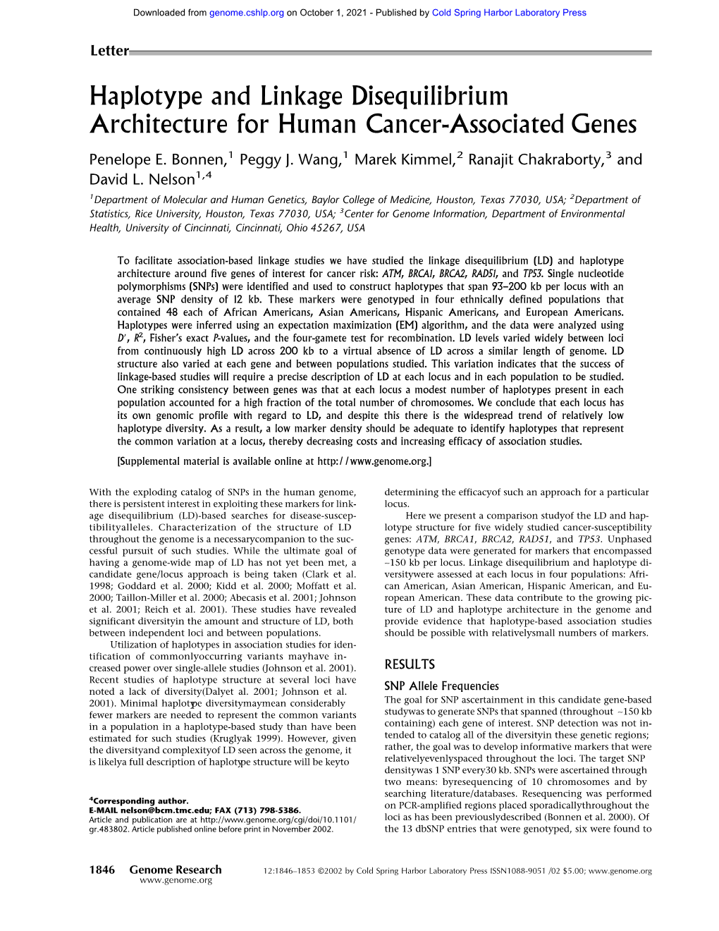 Haplotype and Linkage Disequilibrium Architecture for Human Cancer-Associated Genes