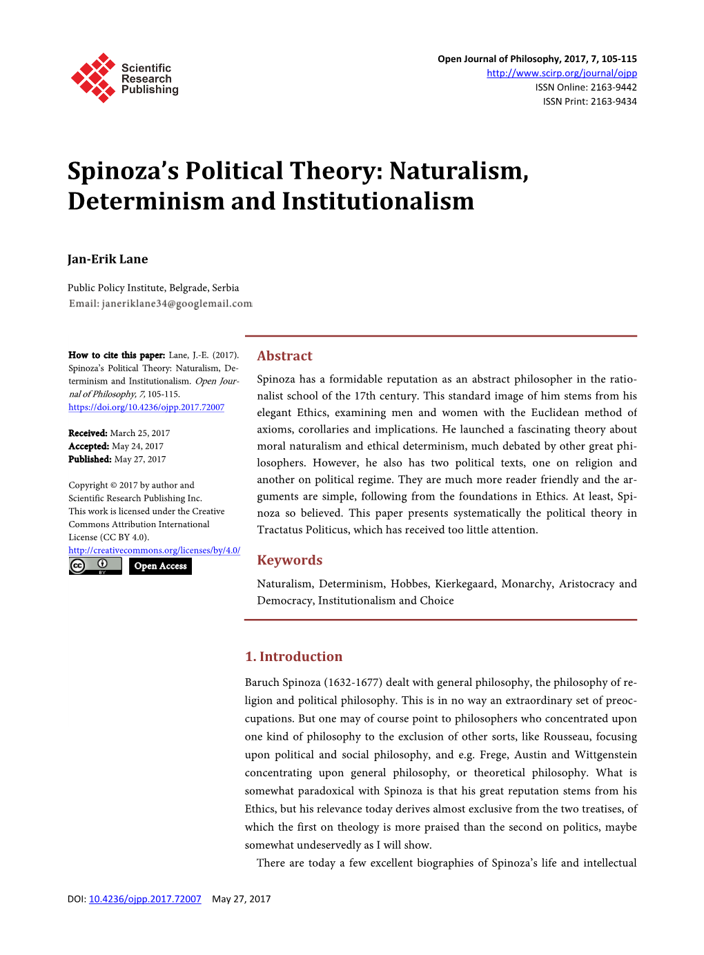 Spinoza's Political Theory: Naturalism, Determinism And