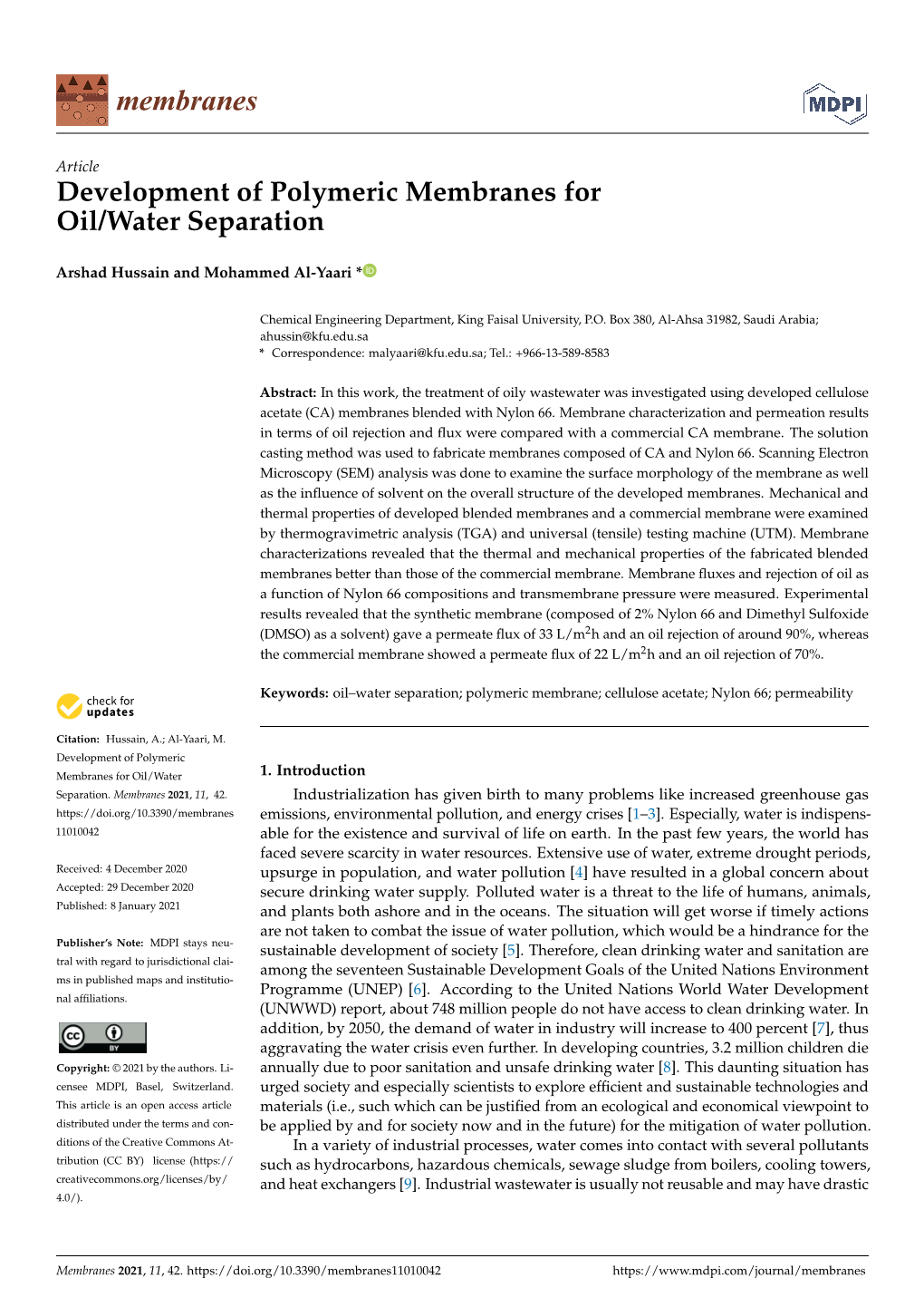 Development of Polymeric Membranes for Oil/Water Separation