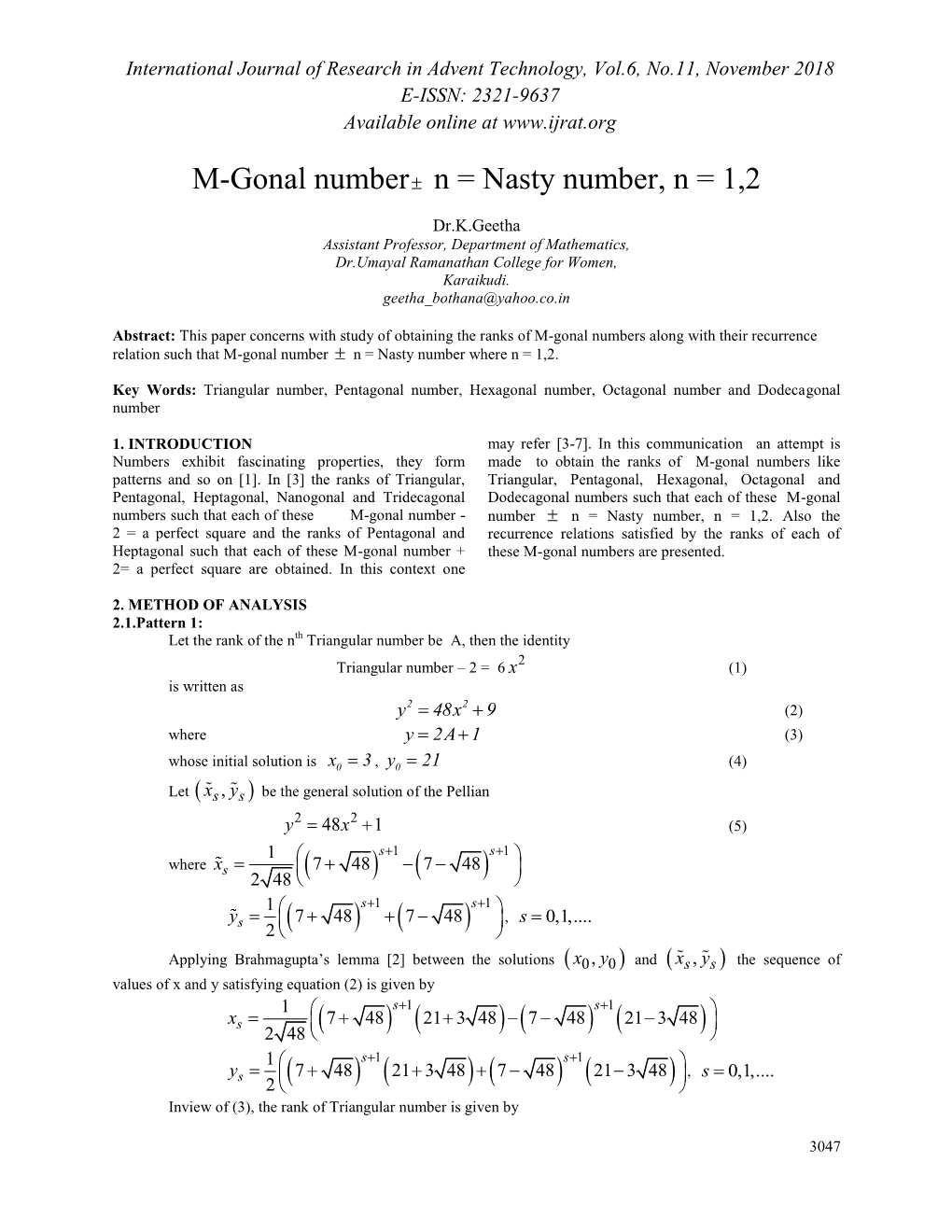 M-Gonal Number± N = Nasty Number, N =