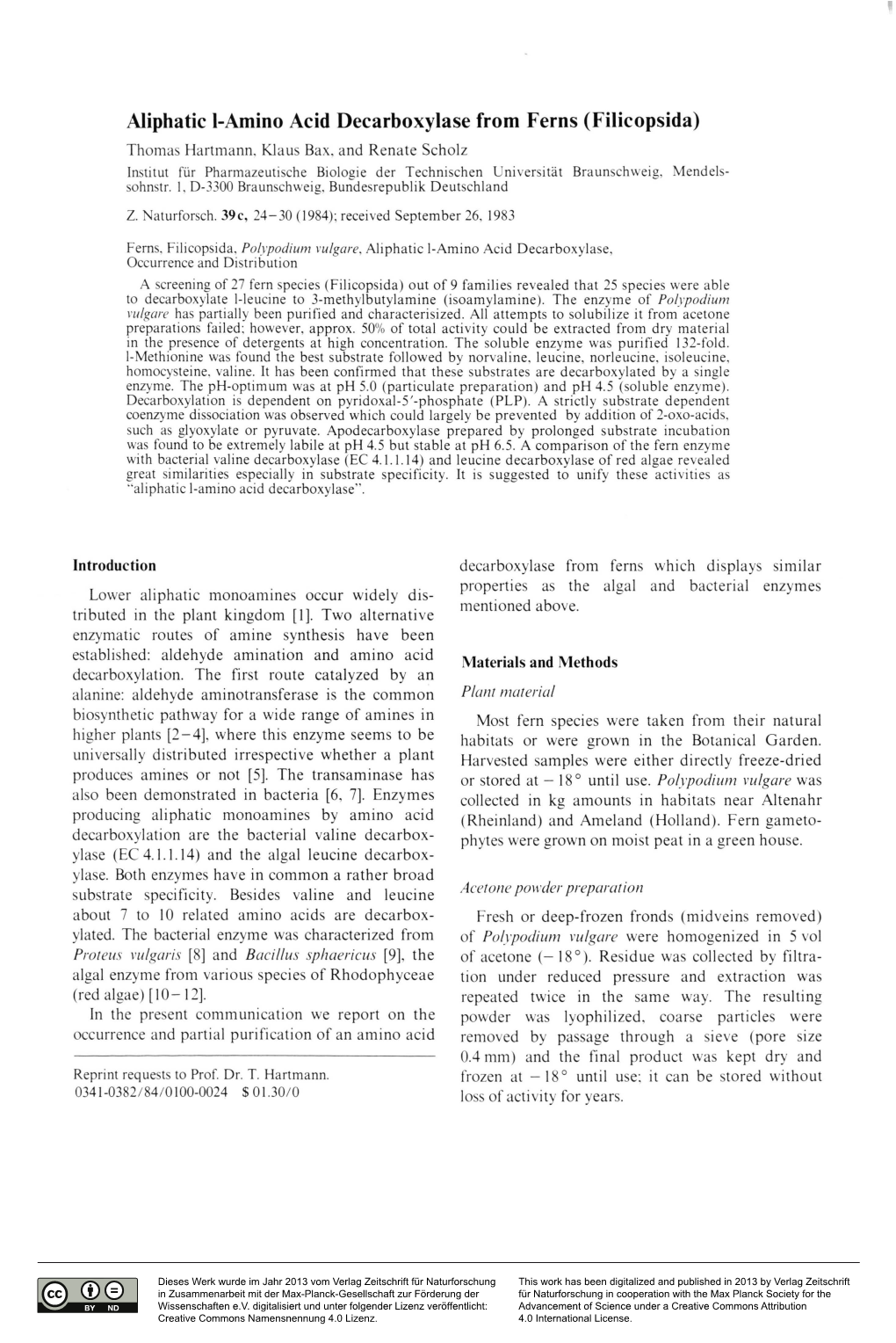 Aliphatic 1-Amino Acid Decarboxylase from Ferns (Filicopsida) Thomas Hartmann