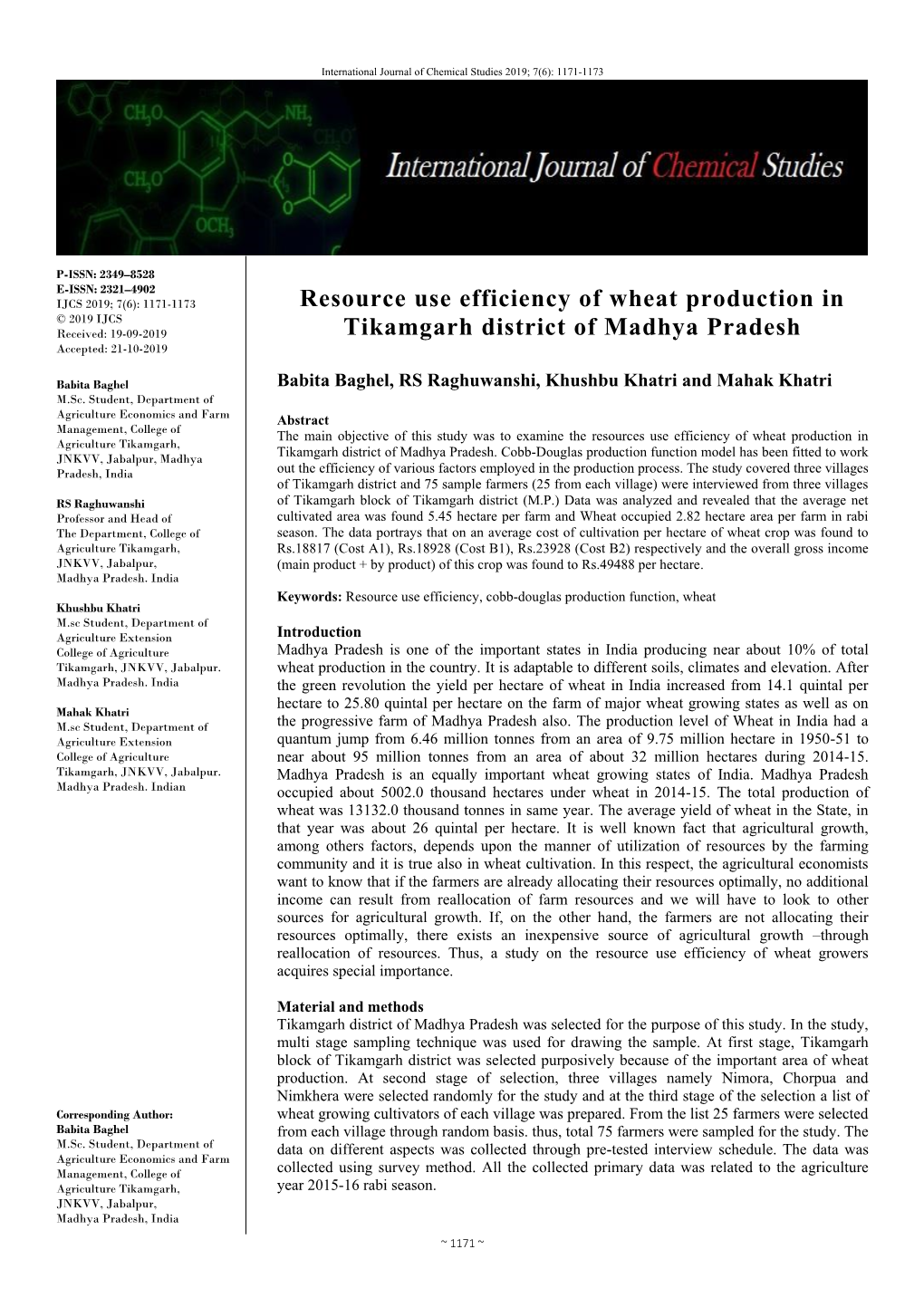 Resource Use Efficiency of Wheat Production in Tikamgarh District Of