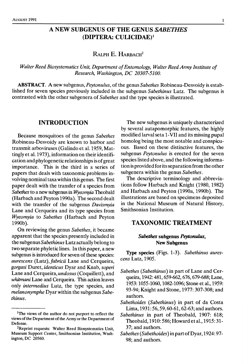 A NEW SUBGENUS of the GENUS Sabei;Hes (DIPTERA: CULICIDAE) L