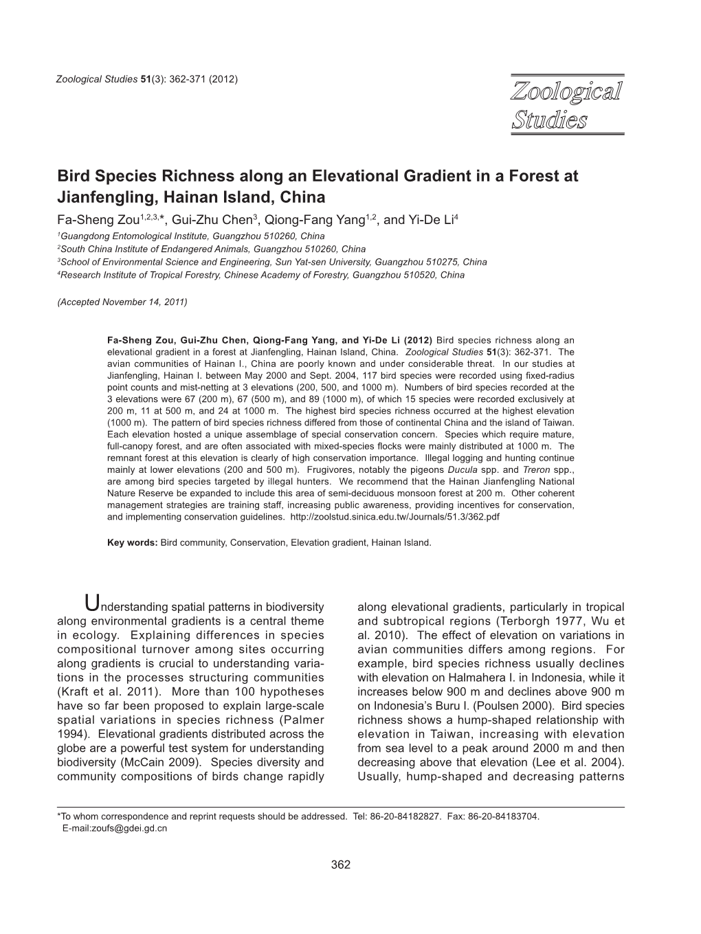 Bird Species Richness Along an Elevational Gradient in a Forest At