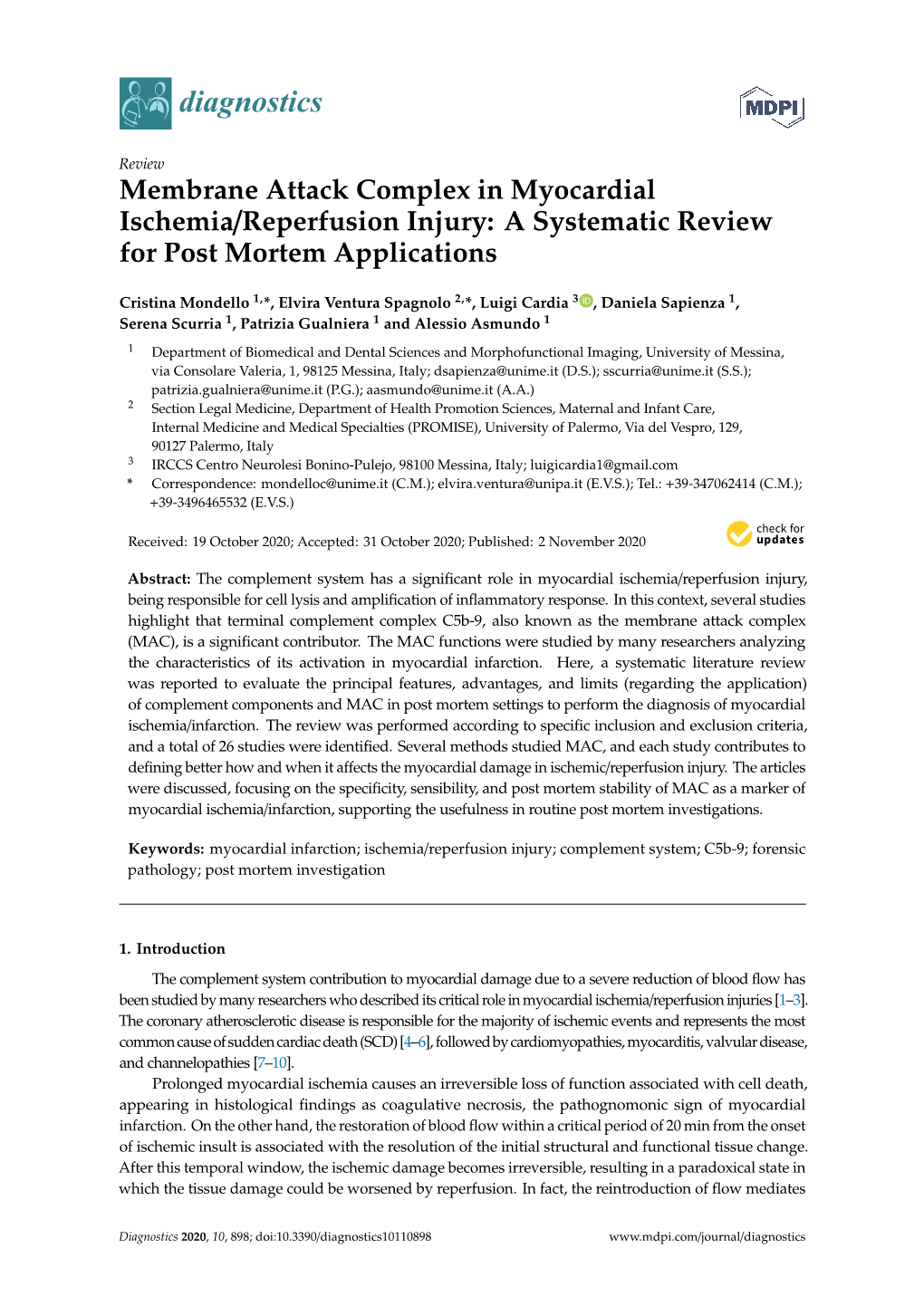 Membrane Attack Complex in Myocardial Ischemia/Reperfusion Injury: a Systematic Review for Post Mortem Applications