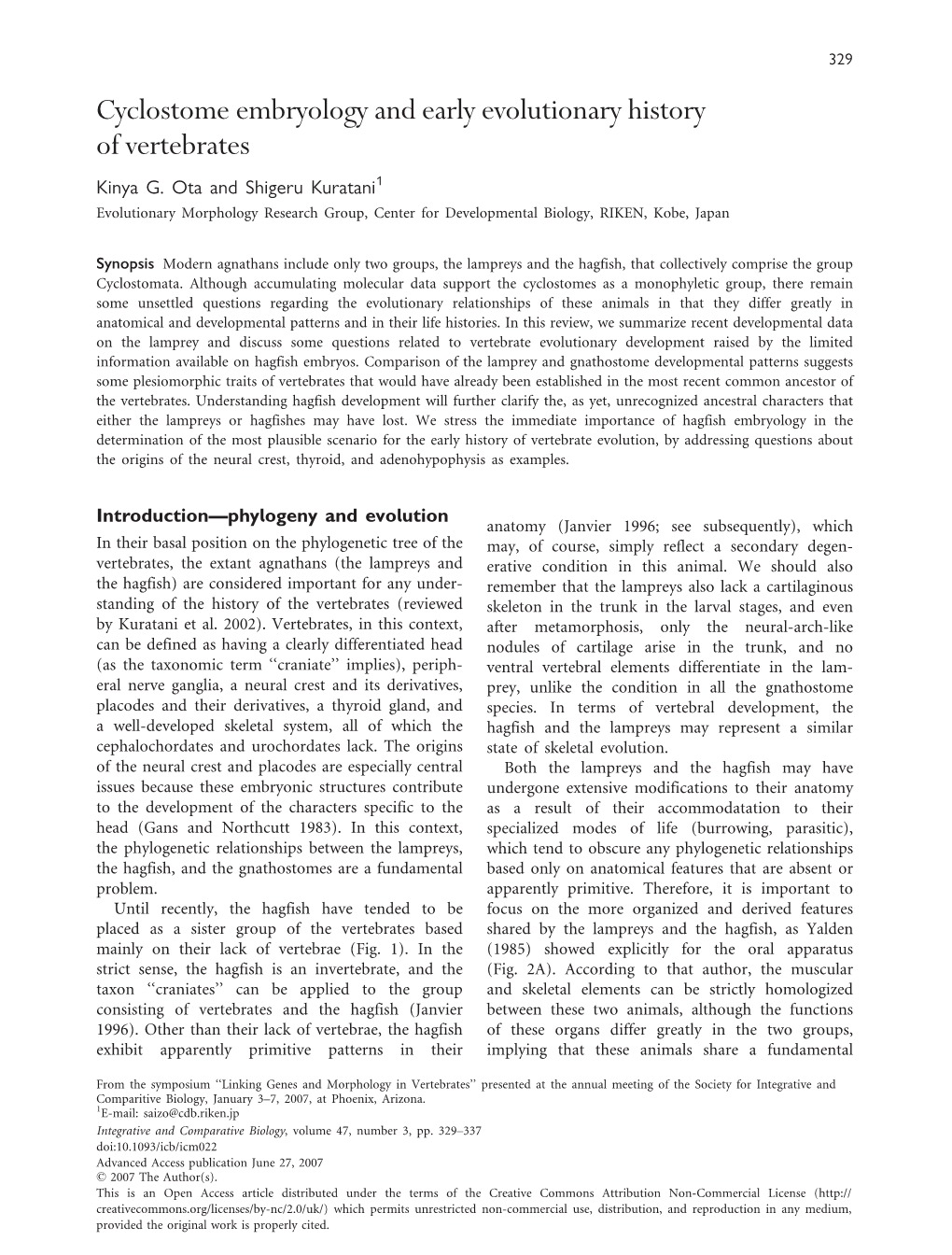 Cyclostome Embryology and Early Evolutionary History of Vertebrates Kinya G