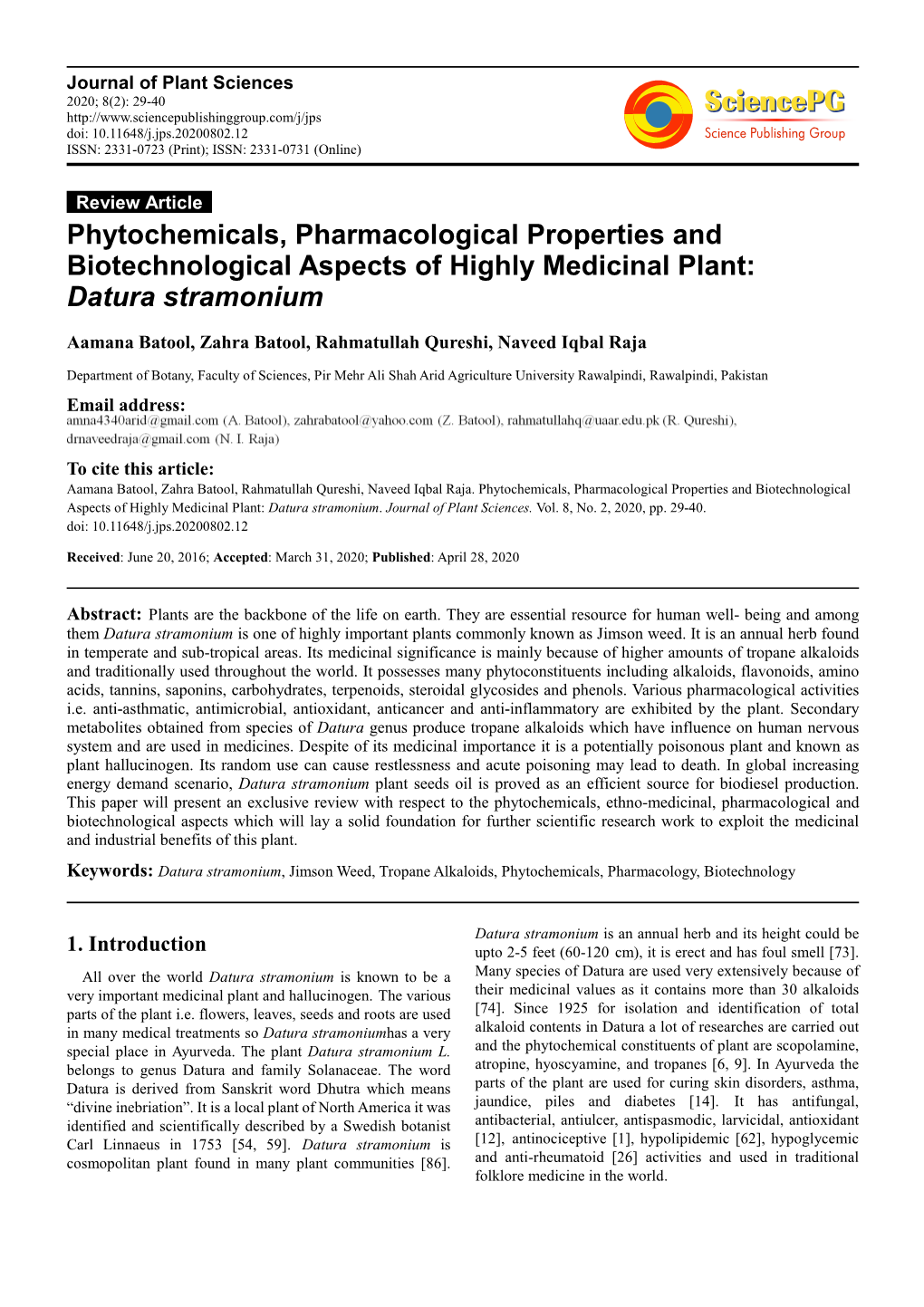 Phytochemicals, Pharmacological Properties and Biotechnological Aspects of Highly Medicinal Plant: Datura Stramonium